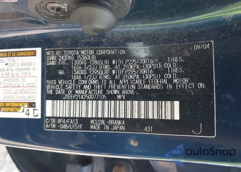 2005 Toyota Highlander V6 z USA, uszkodzony, nr VIN JTEEP21A250077105